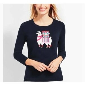 Talbots  embellished Pom Pom lama sweater women’s size SP Navy